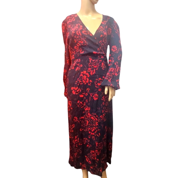Zara Midi Floral Dress Red / Black Long Sleeve Side Slit - Picture 1 of 6